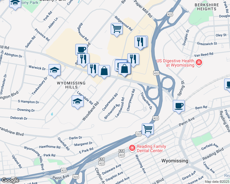 map of restaurants, bars, coffee shops, grocery stores, and more near 15 Cedarwood Road in Wyomissing
