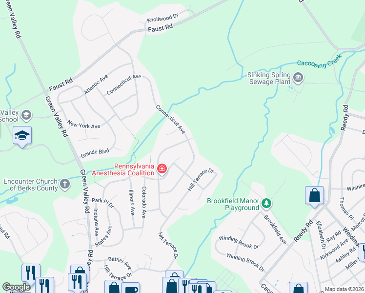 map of restaurants, bars, coffee shops, grocery stores, and more near 60 Connecticut Avenue in Sinking Spring