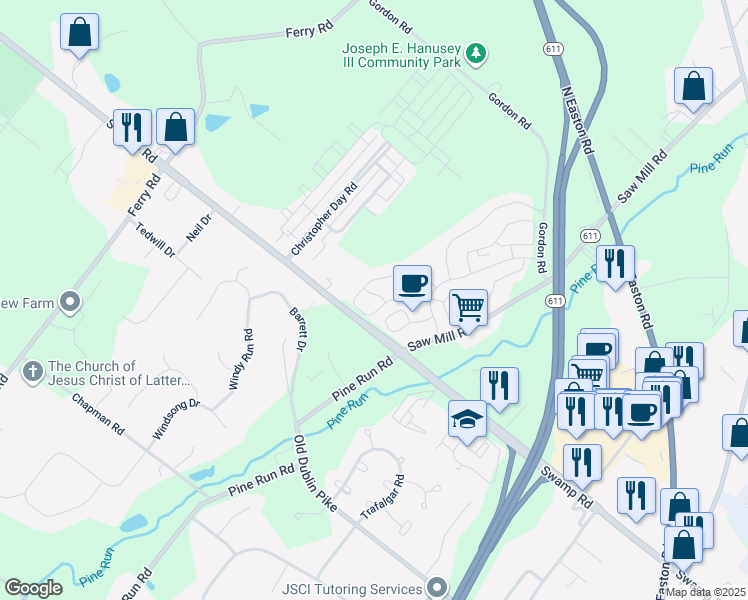 map of restaurants, bars, coffee shops, grocery stores, and more near 5004 Esther Reed Drive in Doylestown
