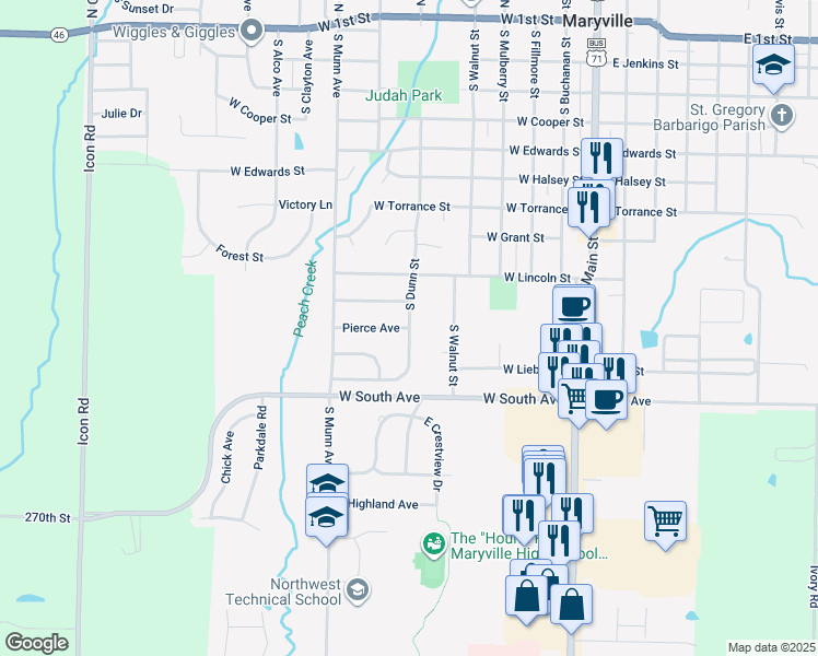 map of restaurants, bars, coffee shops, grocery stores, and more near 600 Pierce Avenue in Maryville