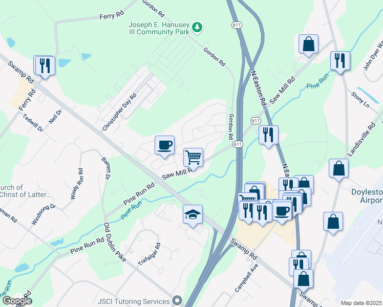 map of restaurants, bars, coffee shops, grocery stores, and more near 3937 Captain Molly Circle in Doylestown