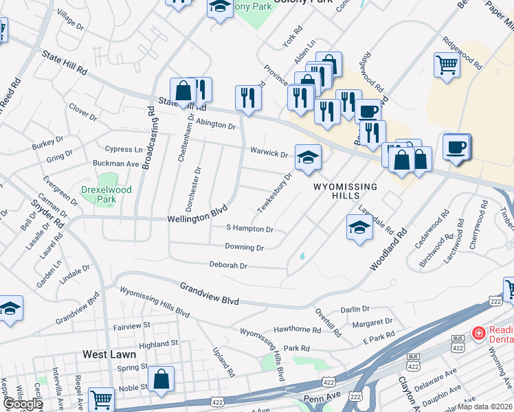 map of restaurants, bars, coffee shops, grocery stores, and more near 22 Tewkesbury Drive in Wyomissing
