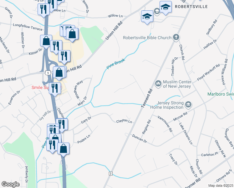 map of restaurants, bars, coffee shops, grocery stores, and more near 8 Syngle Way in Marlboro Township