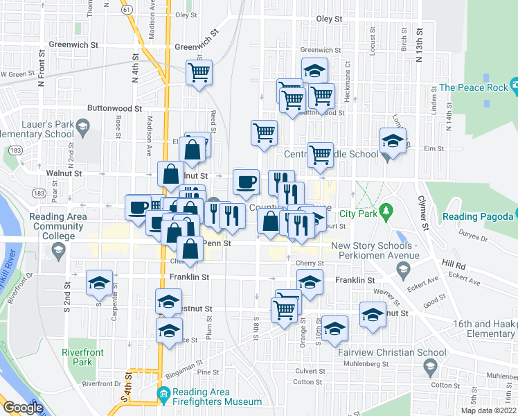 map of restaurants, bars, coffee shops, grocery stores, and more near Washington St & N 8th St in Reading