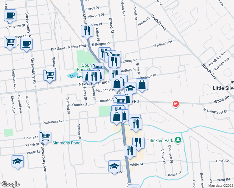 map of restaurants, bars, coffee shops, grocery stores, and more near 456 Broad Street in Shrewsbury