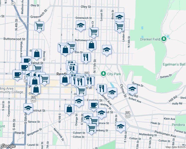 map of restaurants, bars, coffee shops, grocery stores, and more near 44 North 11th Street in Reading