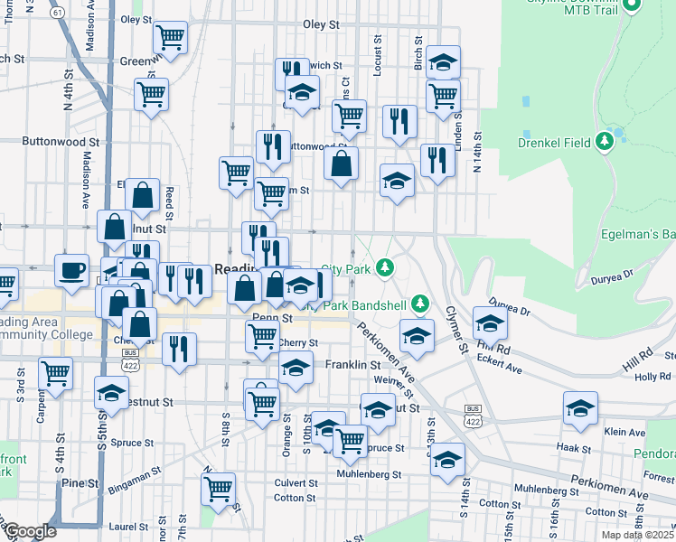 map of restaurants, bars, coffee shops, grocery stores, and more near 44 North 11th Street in Reading