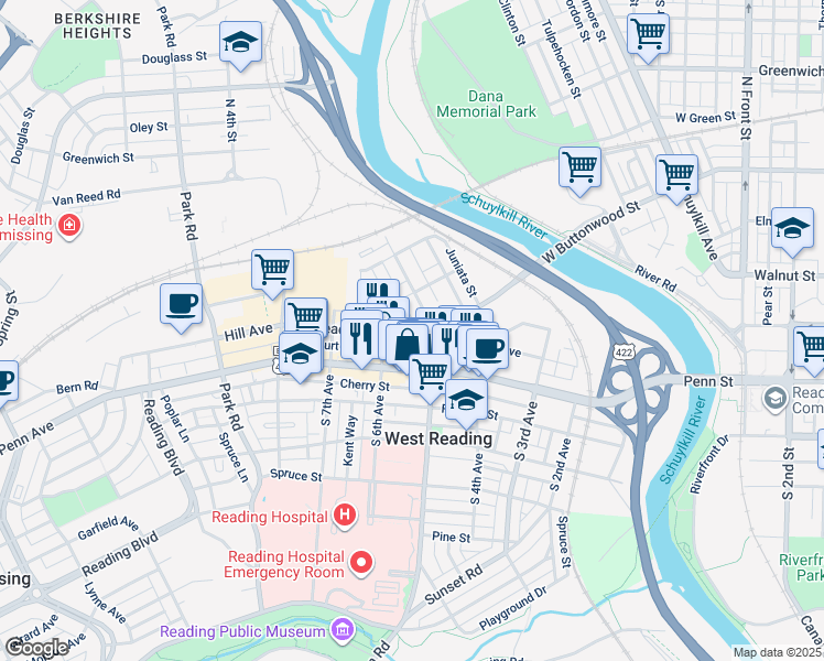 map of restaurants, bars, coffee shops, grocery stores, and more near 525 Penn Avenue in West Reading