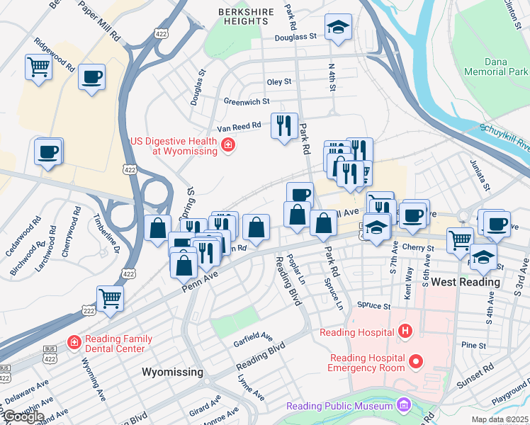 map of restaurants, bars, coffee shops, grocery stores, and more near 1037 Bern Road in Wyomissing