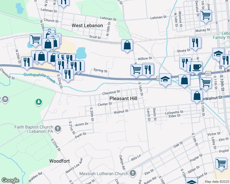 map of restaurants, bars, coffee shops, grocery stores, and more near 1828 Chestnut Street in Lebanon