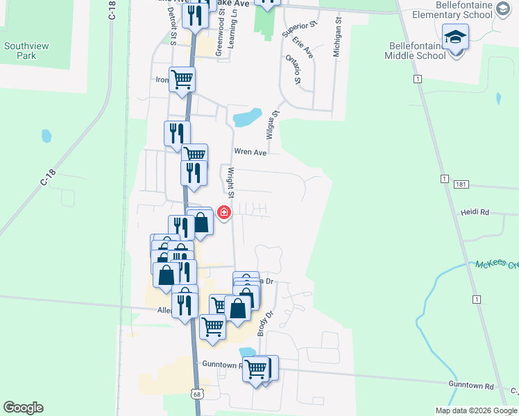 map of restaurants, bars, coffee shops, grocery stores, and more near Penny Lane in Bellefontaine
