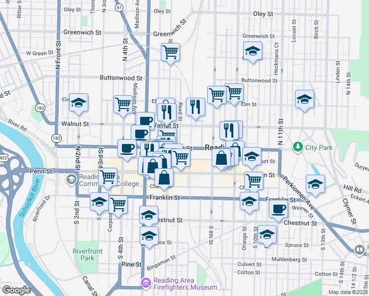 map of restaurants, bars, coffee shops, grocery stores, and more near 633 Court Street in Reading