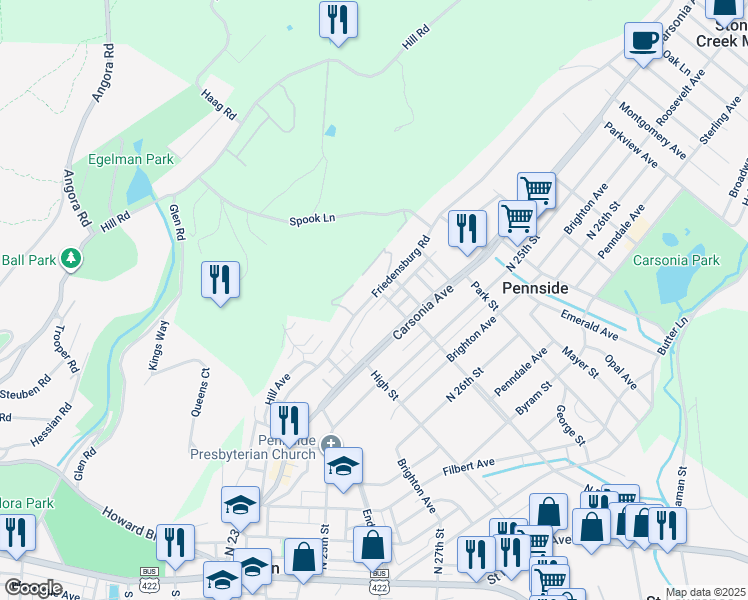 map of restaurants, bars, coffee shops, grocery stores, and more near 561 Friedensburg Road in Reading
