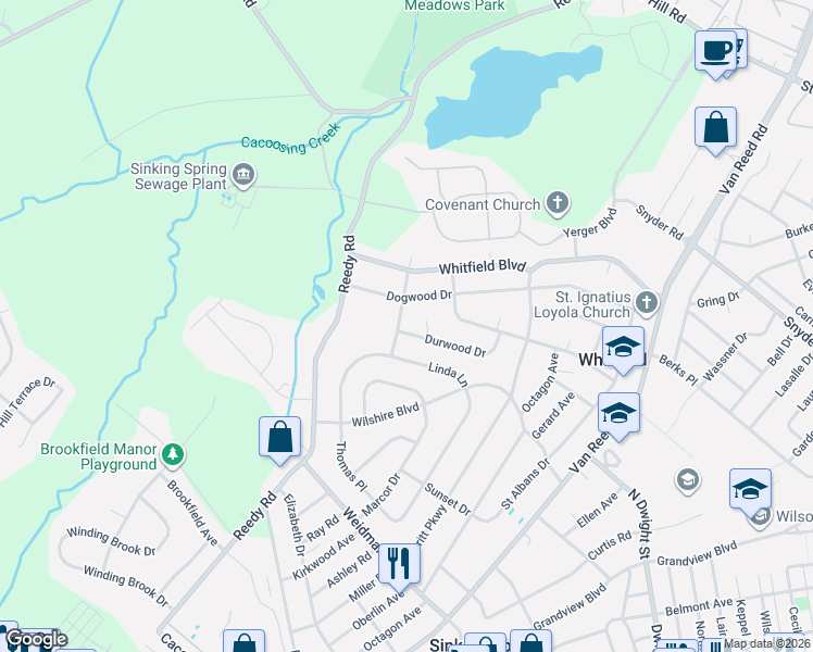 map of restaurants, bars, coffee shops, grocery stores, and more near 1512 Durwood Drive in Reading