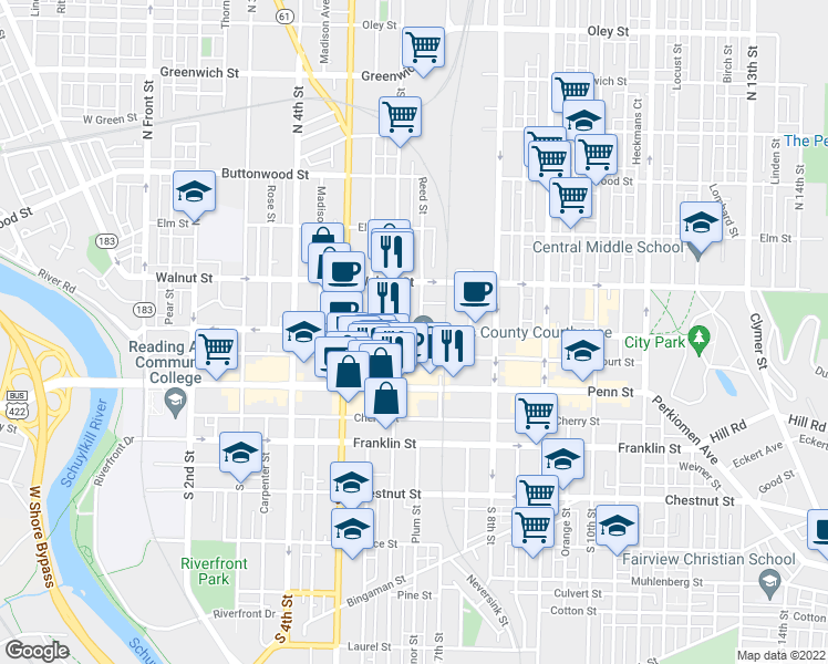 map of restaurants, bars, coffee shops, grocery stores, and more near 554 Washington Street in Reading
