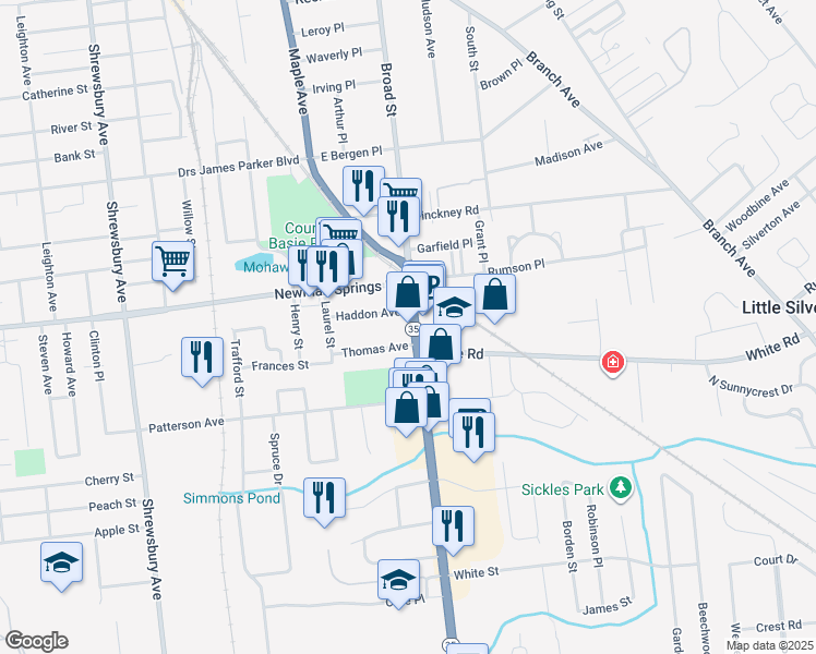 map of restaurants, bars, coffee shops, grocery stores, and more near 456 Broad Street in Shrewsbury