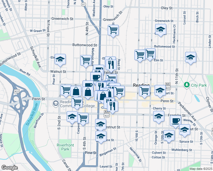 map of restaurants, bars, coffee shops, grocery stores, and more near 412 Washington Street in Reading