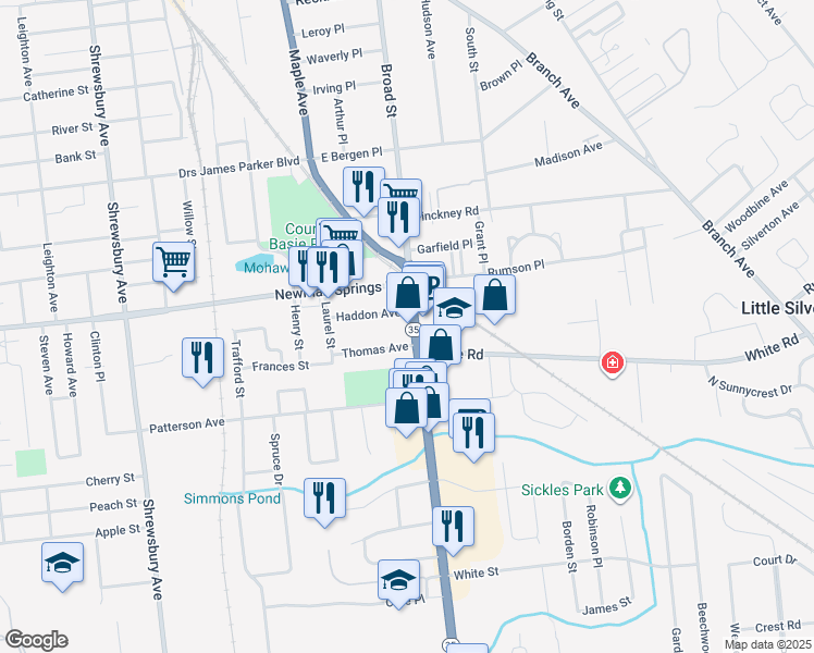 map of restaurants, bars, coffee shops, grocery stores, and more near 456 Broad Street in Shrewsbury