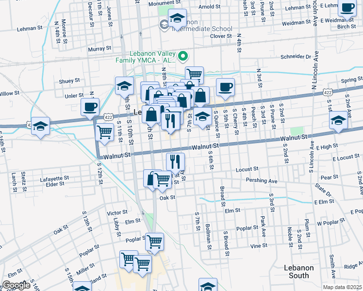 map of restaurants, bars, coffee shops, grocery stores, and more near 713 Walnut Street in Lebanon