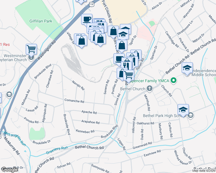 map of restaurants, bars, coffee shops, grocery stores, and more near 23 Pontiac Road in Pittsburgh