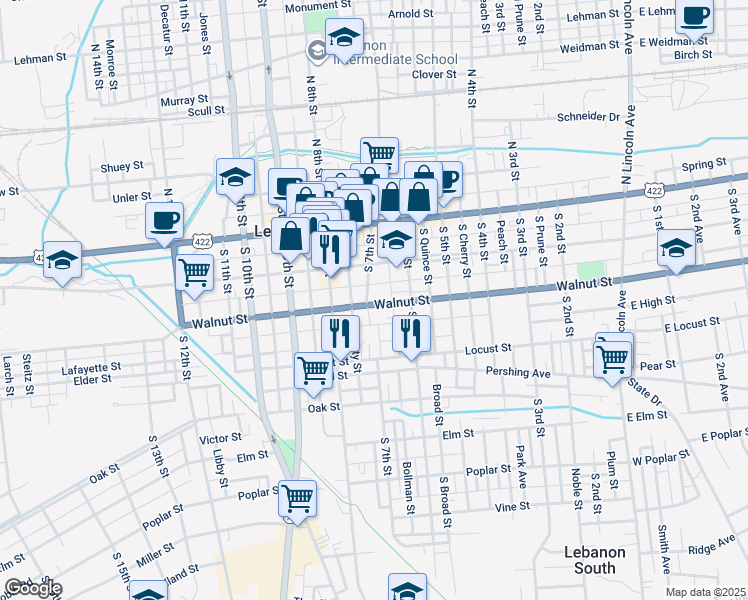 map of restaurants, bars, coffee shops, grocery stores, and more near 641 Walnut Street in Lebanon