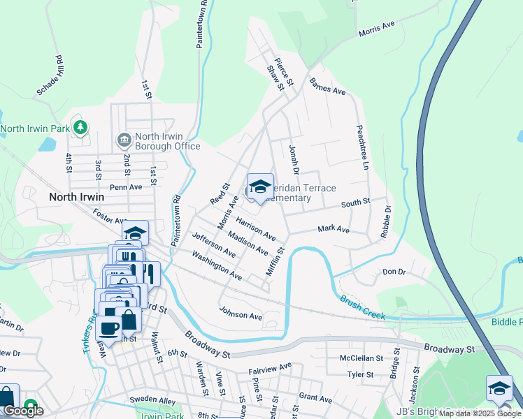 map of restaurants, bars, coffee shops, grocery stores, and more near 1219 Morris Avenue in North Huntingdon