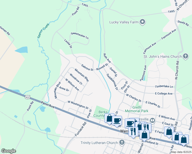 map of restaurants, bars, coffee shops, grocery stores, and more near 342 Pine Street in Wernersville