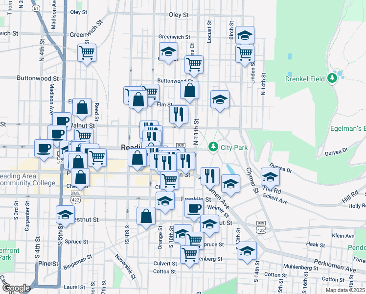 map of restaurants, bars, coffee shops, grocery stores, and more near 44 North 11th Street in Reading