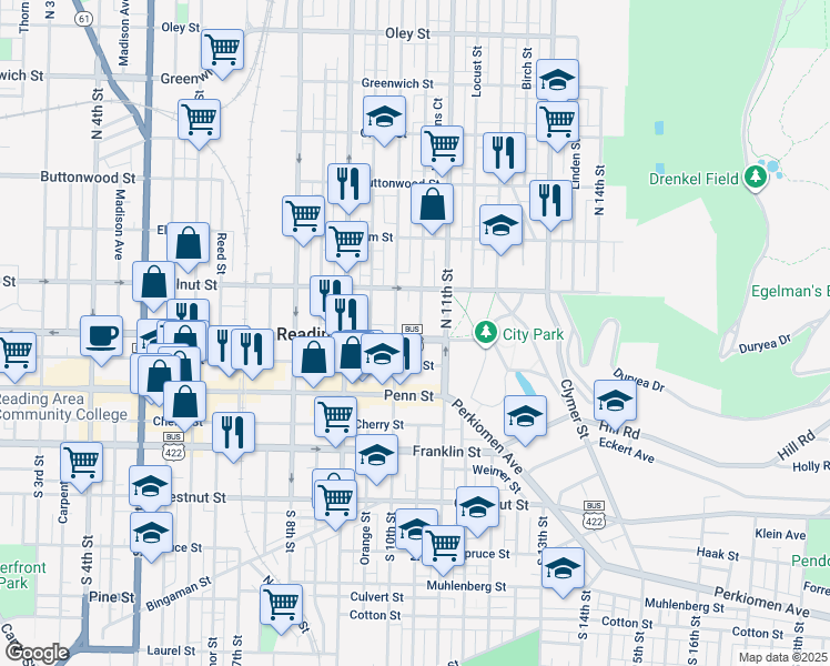 map of restaurants, bars, coffee shops, grocery stores, and more near 1023 Washington Street in Reading