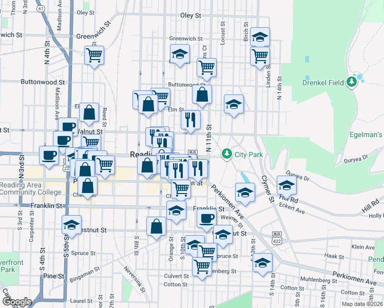 map of restaurants, bars, coffee shops, grocery stores, and more near 45 North 10th Street in Reading