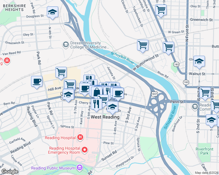 map of restaurants, bars, coffee shops, grocery stores, and more near 414 Reading Avenue in West Reading