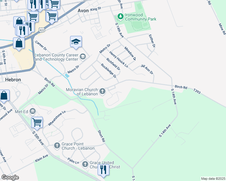 map of restaurants, bars, coffee shops, grocery stores, and more near 1125 Birch Road in Lebanon