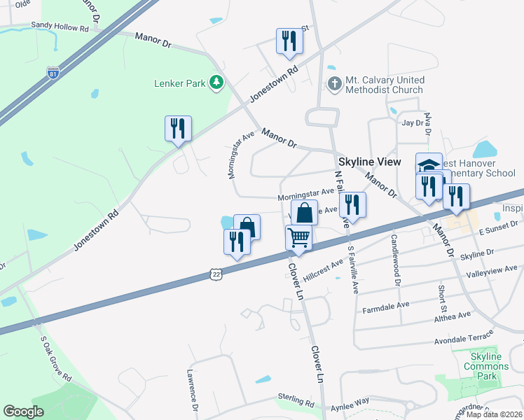map of restaurants, bars, coffee shops, grocery stores, and more near 7559 Red Pine Road in Harrisburg