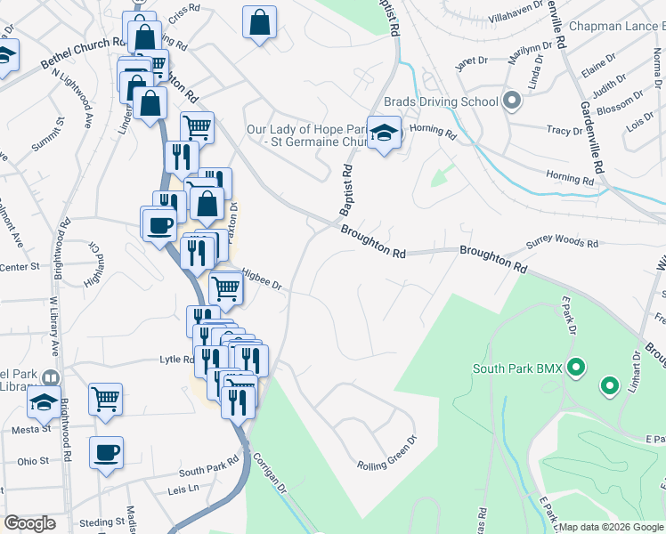 map of restaurants, bars, coffee shops, grocery stores, and more near 3043 Grandview Farms Place in Bethel Park