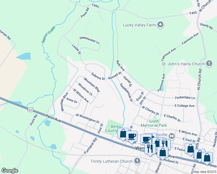 map of restaurants, bars, coffee shops, grocery stores, and more near 342 Pine Street in Wernersville