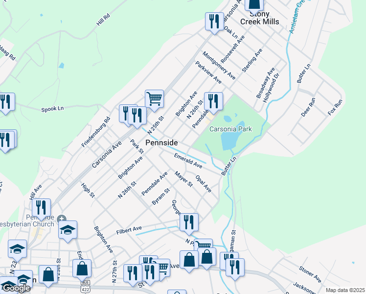 map of restaurants, bars, coffee shops, grocery stores, and more near 201 Emerald Avenue in Reading