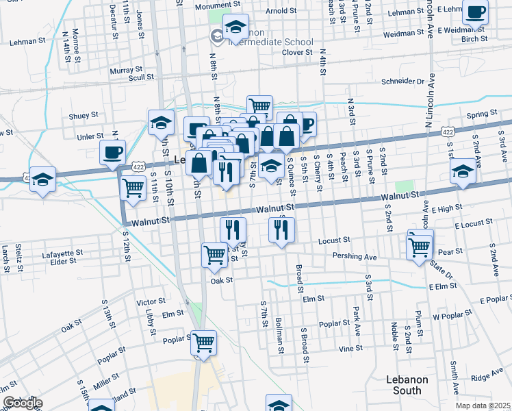 map of restaurants, bars, coffee shops, grocery stores, and more near 641 Walnut Street in Lebanon