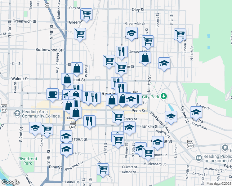 map of restaurants, bars, coffee shops, grocery stores, and more near 837 Washington Street in Reading
