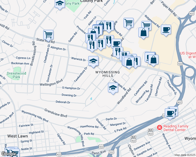 map of restaurants, bars, coffee shops, grocery stores, and more near 38 Wingert Road in Reading