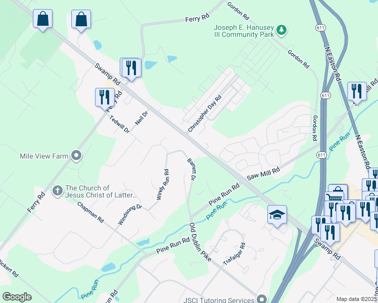 map of restaurants, bars, coffee shops, grocery stores, and more near 257 Barrett Drive in Doylestown