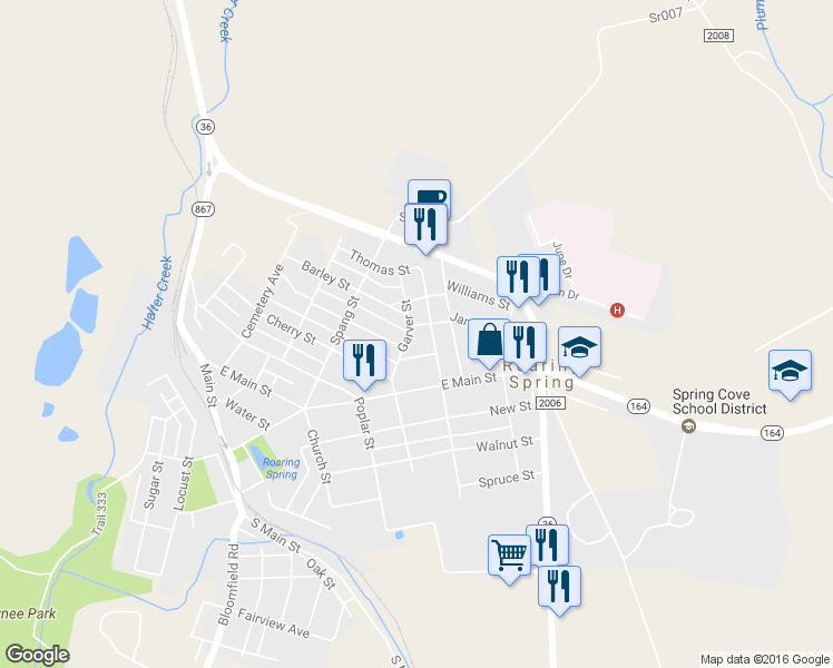 map of restaurants, bars, coffee shops, grocery stores, and more near 714 Pershing Street in Roaring Spring