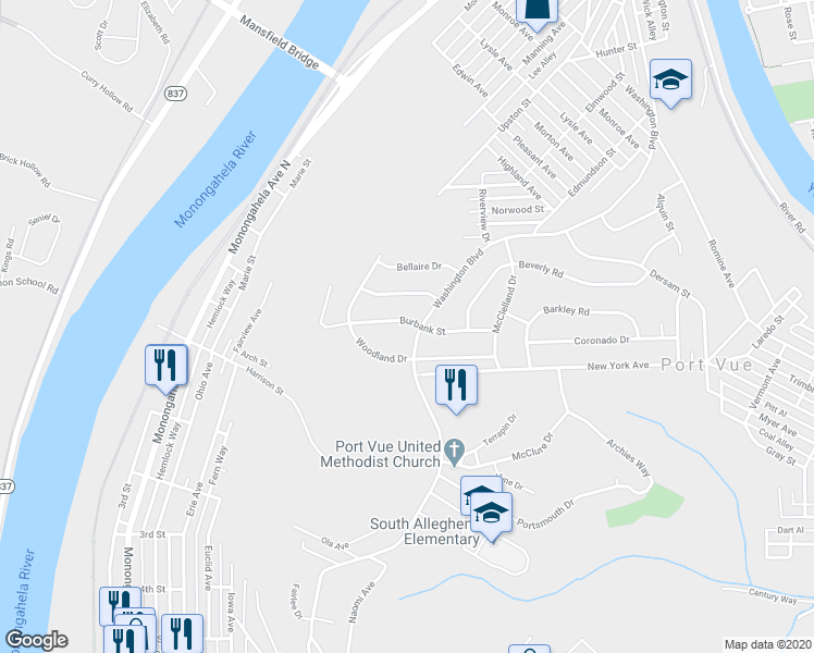 map of restaurants, bars, coffee shops, grocery stores, and more near 1018 Burbank Street in McKeesport