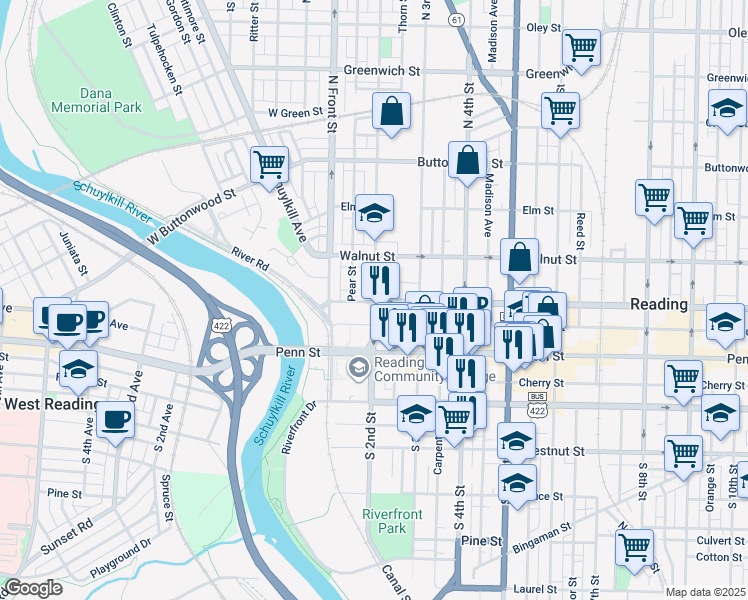 map of restaurants, bars, coffee shops, grocery stores, and more near 201 Washington Street in Reading