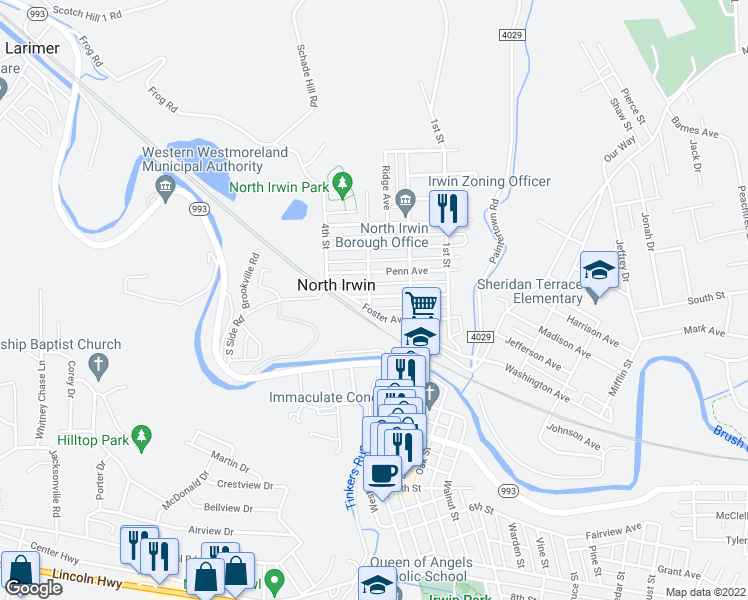 map of restaurants, bars, coffee shops, grocery stores, and more near 65 Broadway Avenue in North Irwin