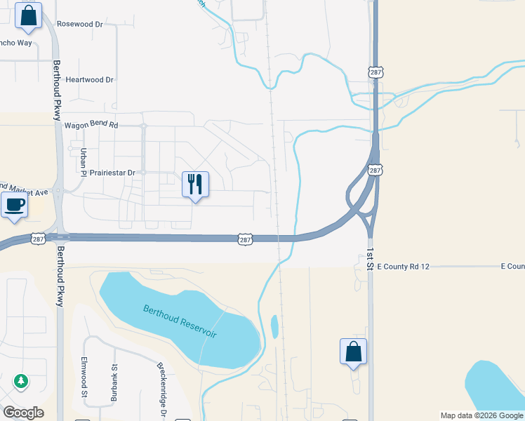 map of restaurants, bars, coffee shops, grocery stores, and more near 401 Grand Market Avenue in Berthoud