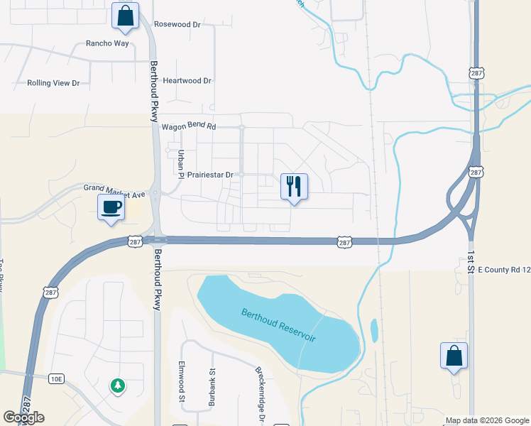map of restaurants, bars, coffee shops, grocery stores, and more near 729 Grand Market Avenue in Berthoud