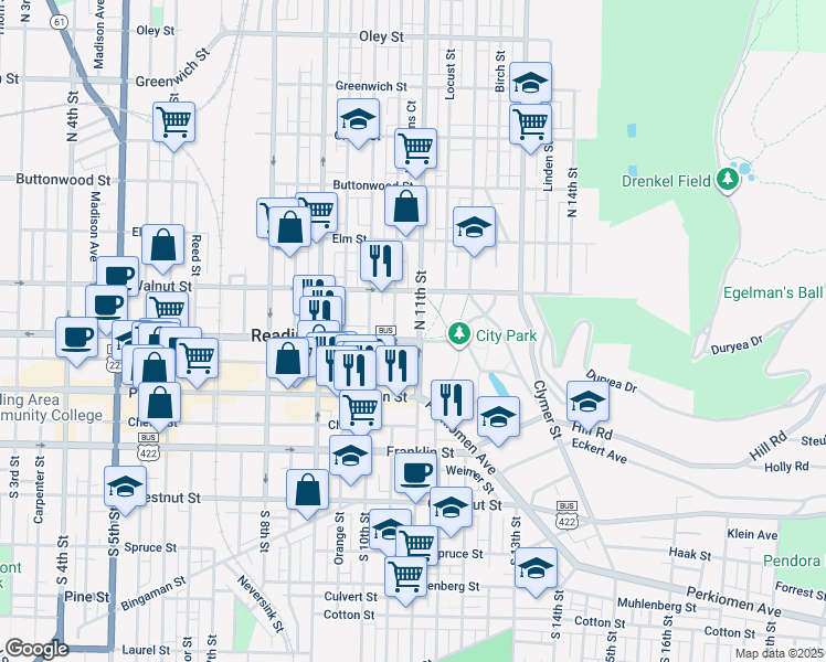 map of restaurants, bars, coffee shops, grocery stores, and more near 108 North 11th Street in Reading