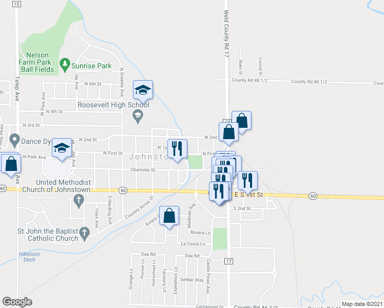 map of restaurants, bars, coffee shops, grocery stores, and more near 309 North 1st Street in Johnstown