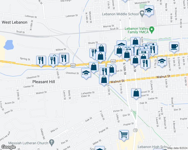 map of restaurants, bars, coffee shops, grocery stores, and more near 1300 Chestnut Street in Lebanon