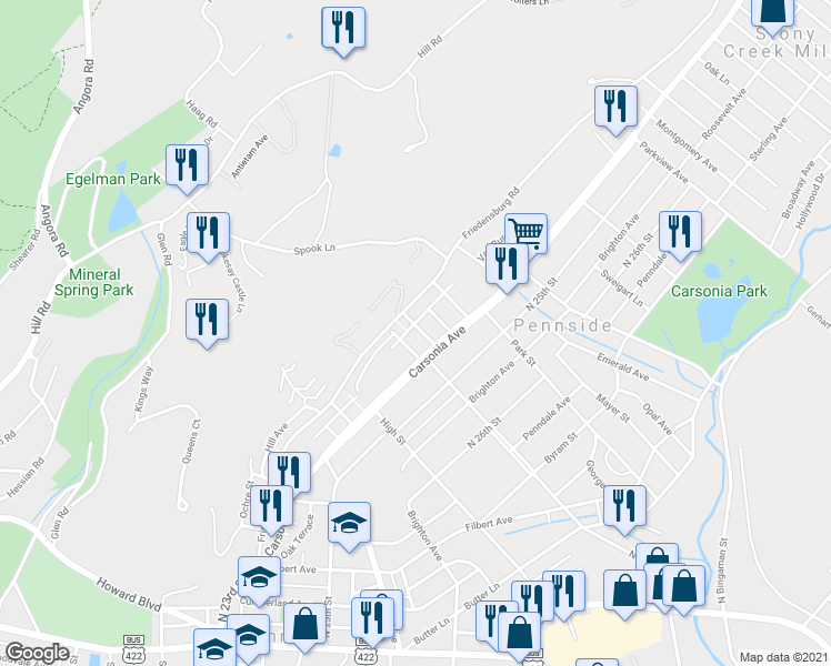 map of restaurants, bars, coffee shops, grocery stores, and more near 581 Marshall Avenue in Reading